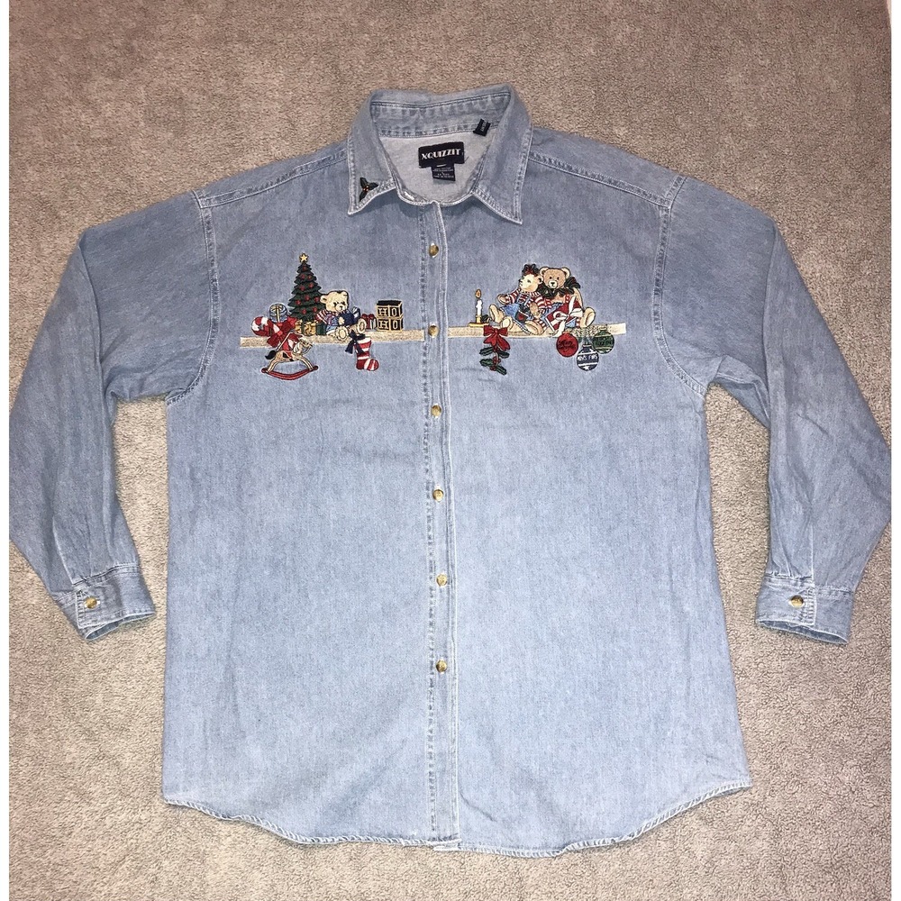 Vintage Denim XQUIZZIT Christmas Embroidered‎ Bear Button Down LS Shirt Large